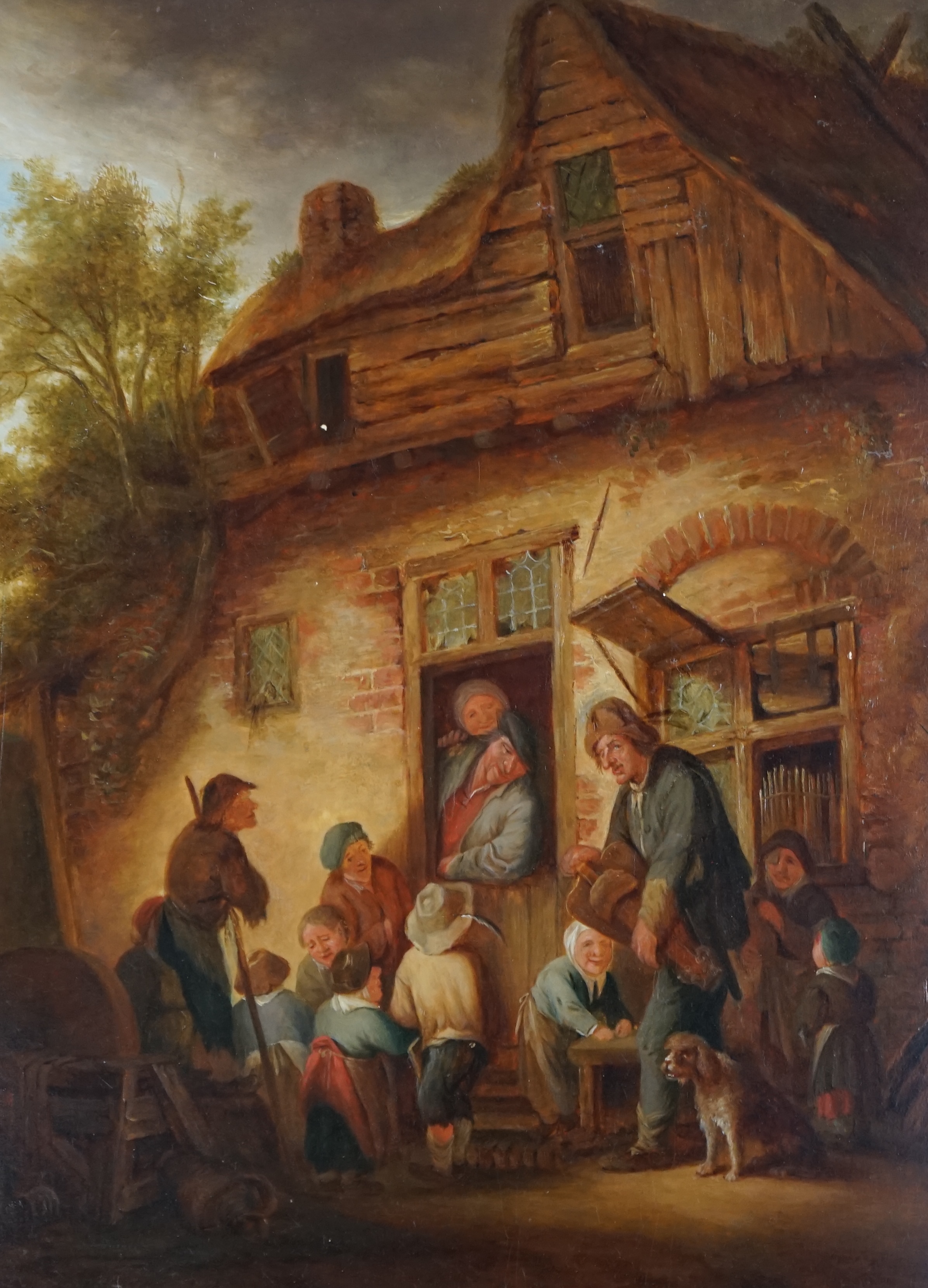 After Adriaen Van Ostade (Dutch, 1610-1685), Figures outside a rustic house, oil on oak panel, 44 x 34cm